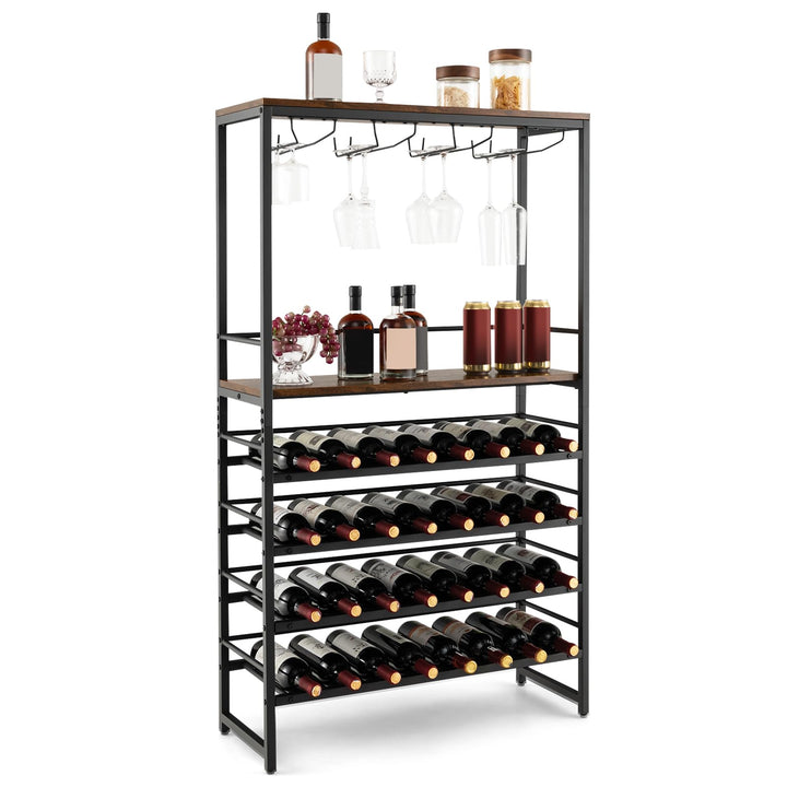 Floor Wine Rack w/ 4-Tier Wine Storage & 4 Rows of Stemware Racks
