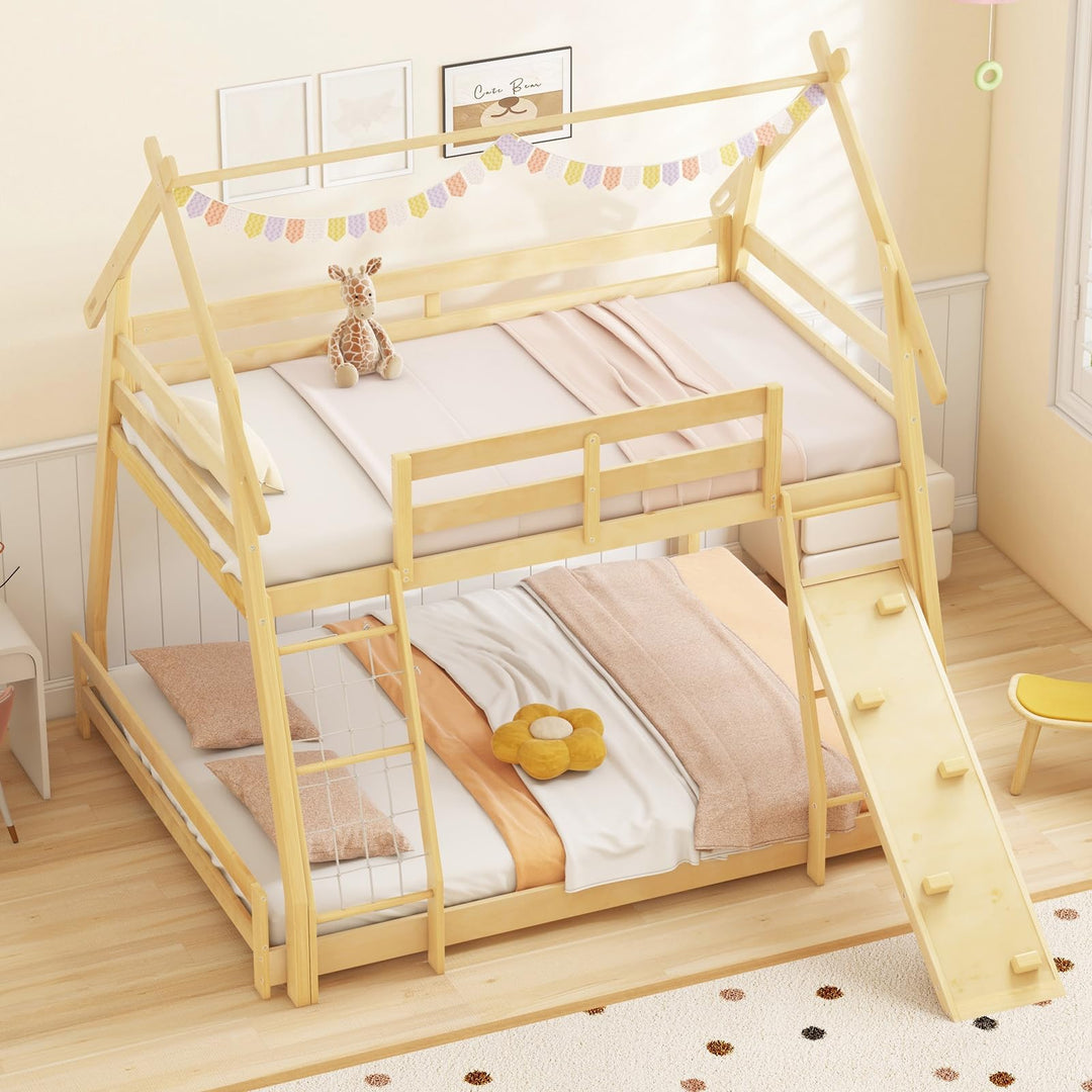 Giantex Twin Over Queen Bunk Bed, Wood House Bunk Bed for Kids with Climbing Nets and Ramp