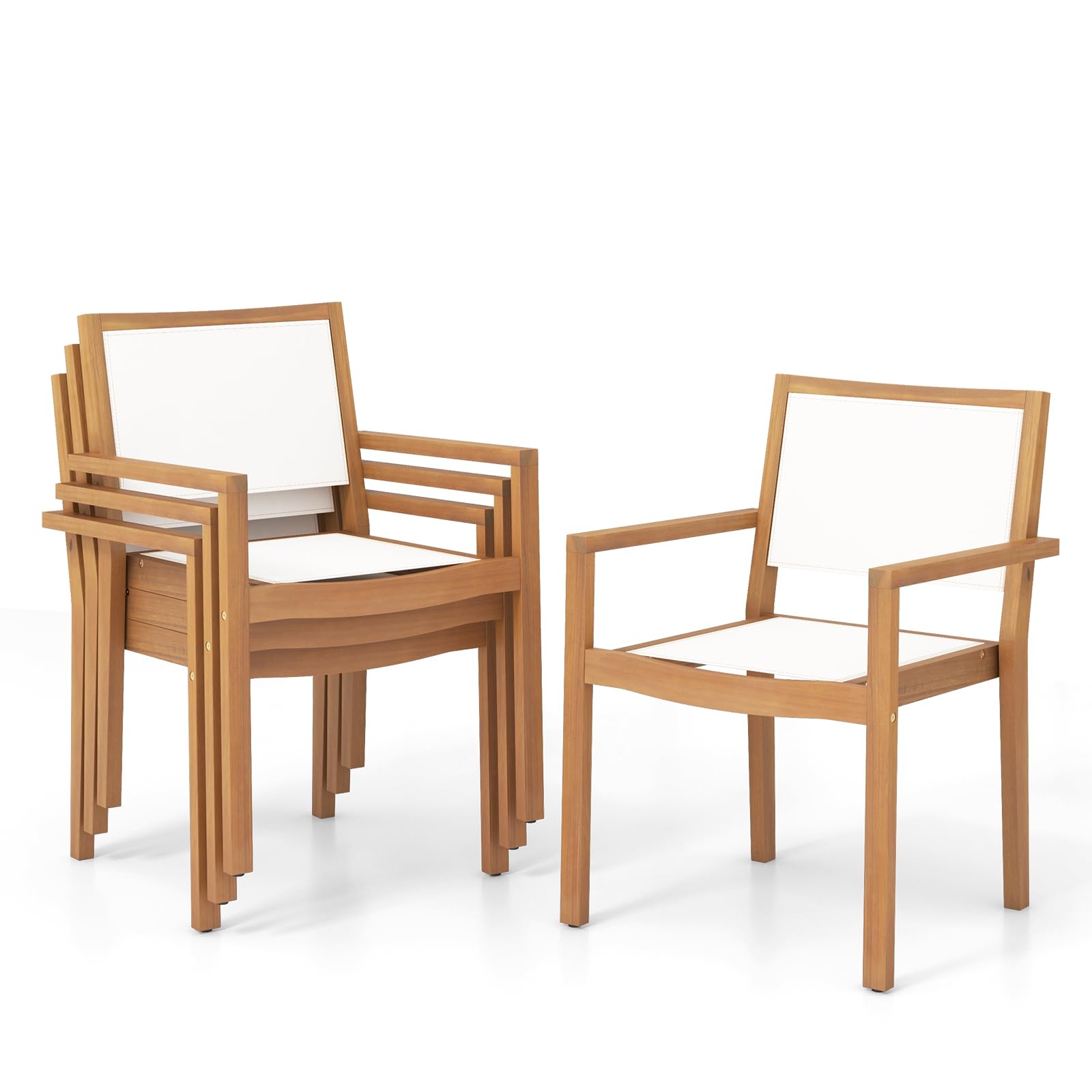 Giantex Stackable Outdoor Dining Chair Set, Patio Armchairs w/Acacia Wood Frame, All Weather Fabric, Armrests