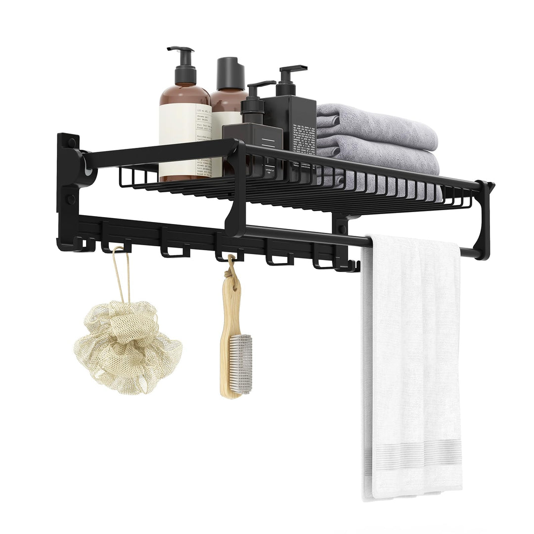 Giantex Foldable Towel Rack for Bathroom, Wall Mounted Towel Holder Organizer w/ 1 Basket, 1 Towel Bar & 5 Sliding Hooks