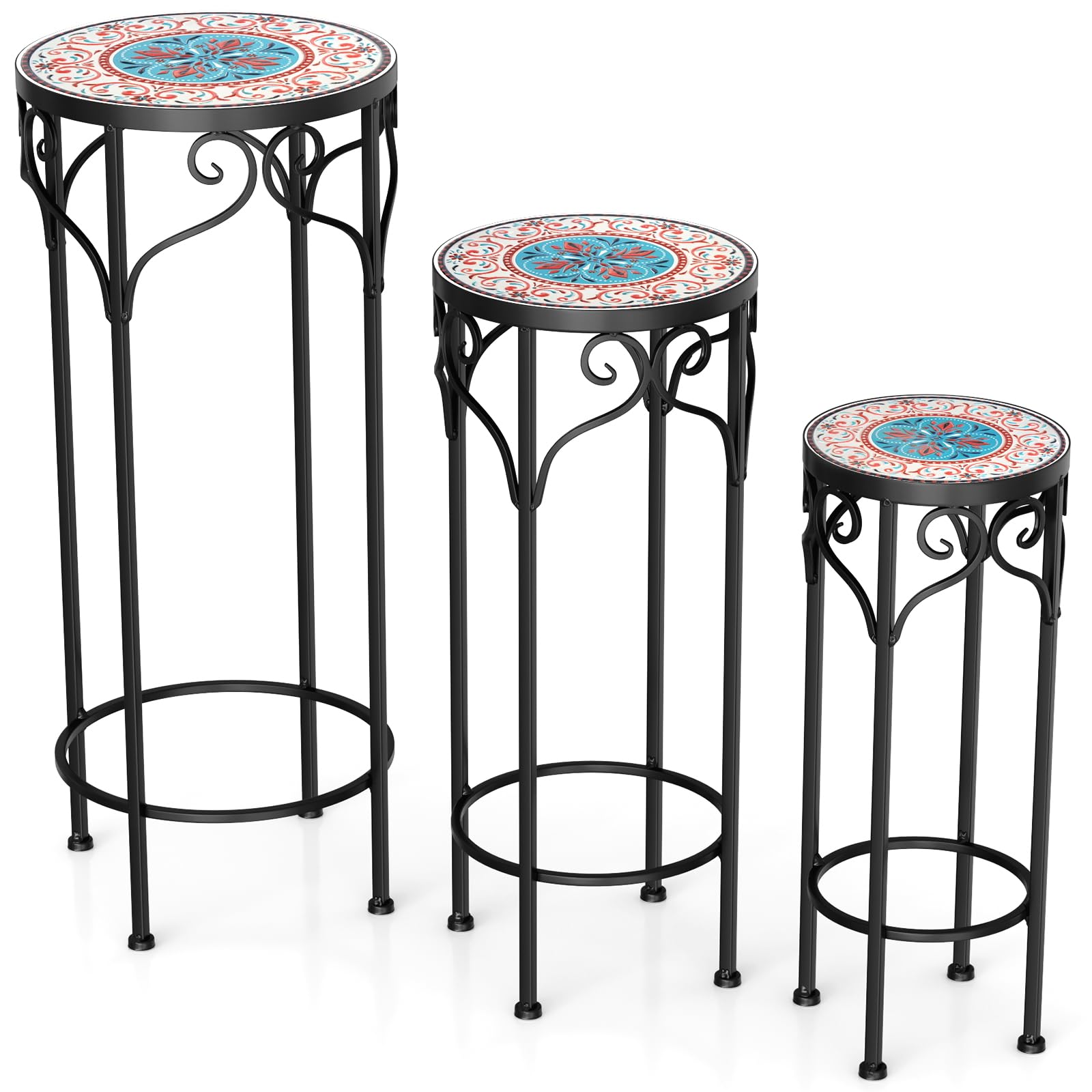 Giantex Metal Plant Stand Set of 3, 28" Mosaic Tall Flower Stand with Ceramic Top