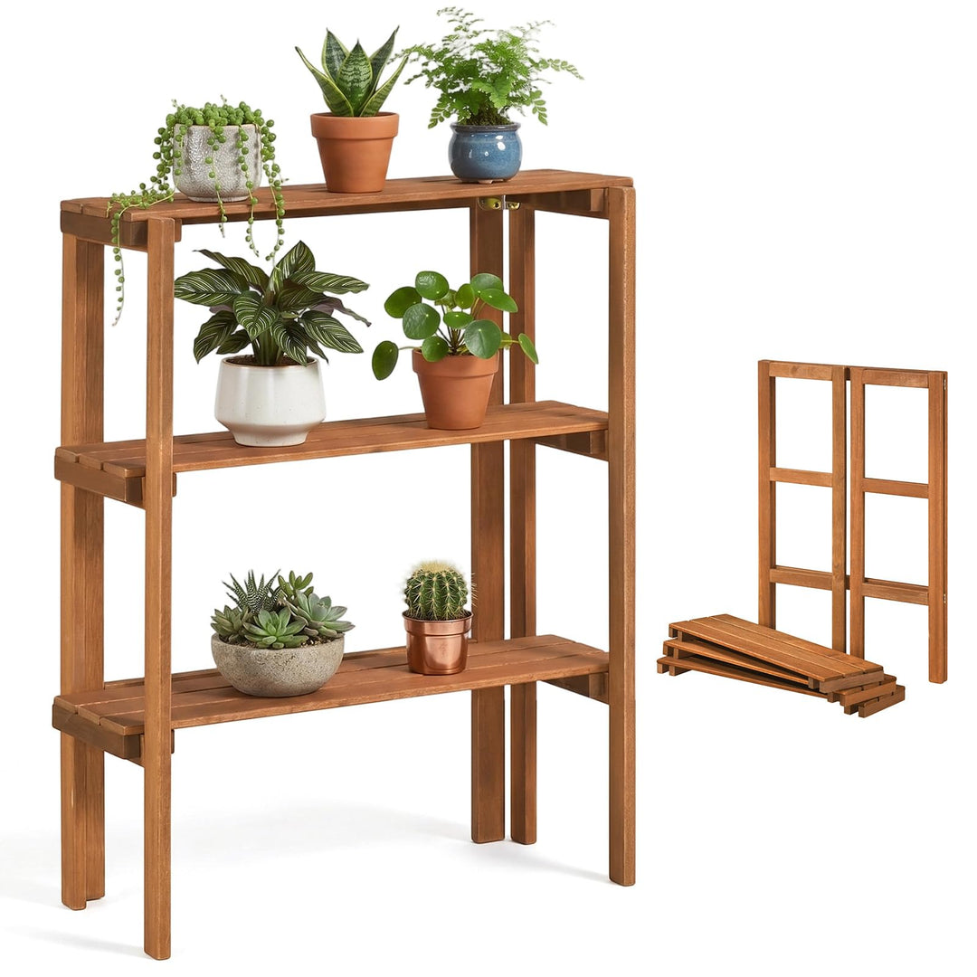 Giantex 3-Tier Foldable Solid Wood Indoor Outdoor Flower Pot Display Rack