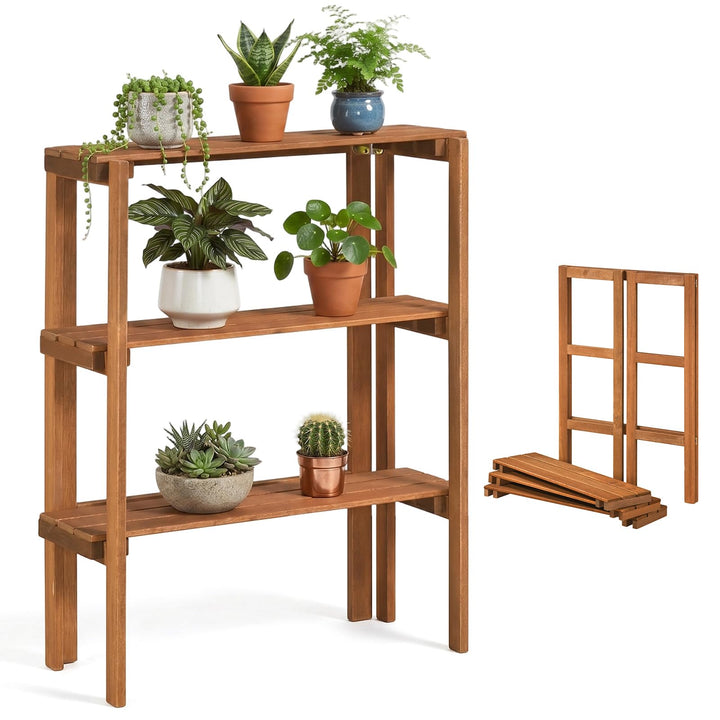 Giantex 3-Tier Foldable Solid Wood Indoor Outdoor Flower Pot Display Rack