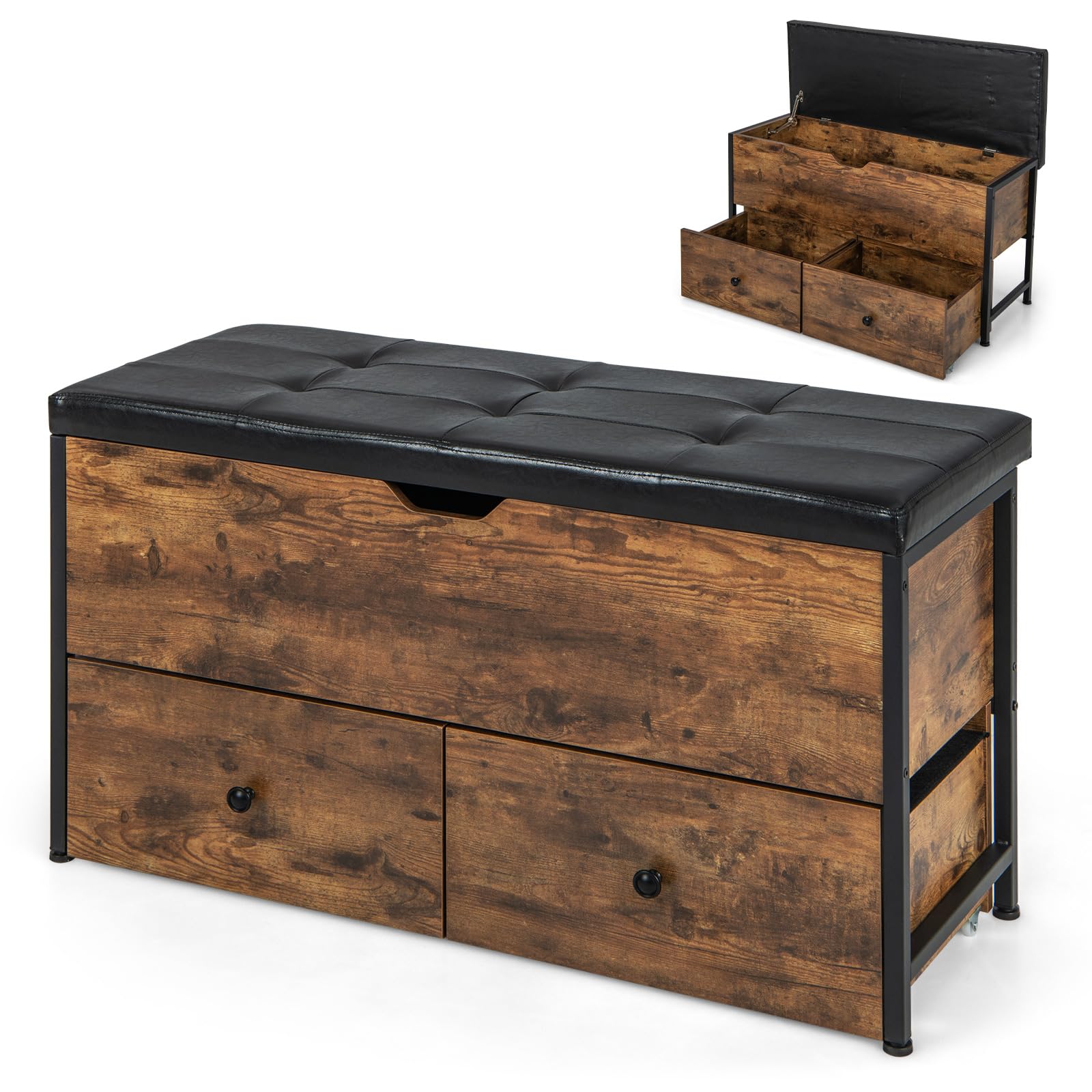 Giantex Storage Bench with Flip Top Storage Chest, 2 Rolling Drawers (Rustic Brown)