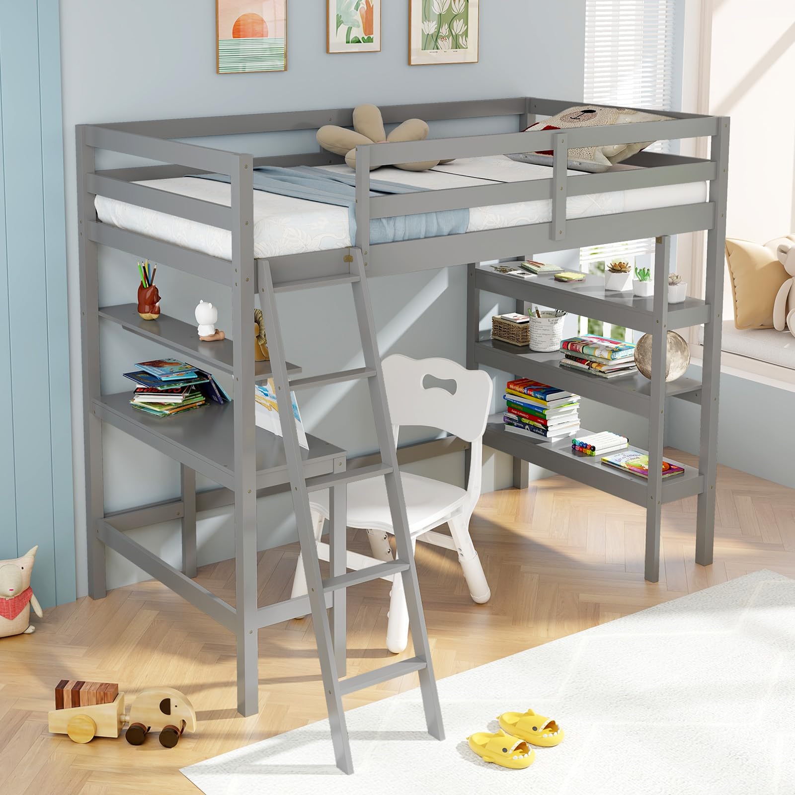 Giantex Loft Bed with Desk & Bookshelves