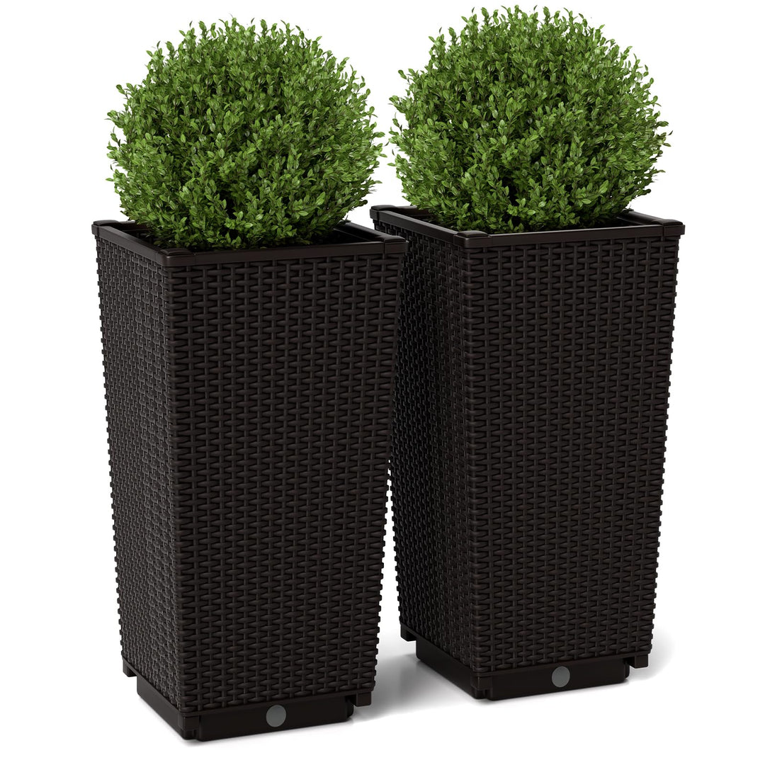 outdoor wicker pots for plants Giantex Set of 2 Outdoor Wicker Flower Pot, 23 Inch Tall Planters with Drainage Hole, Self-Watering Tray Dark Brown