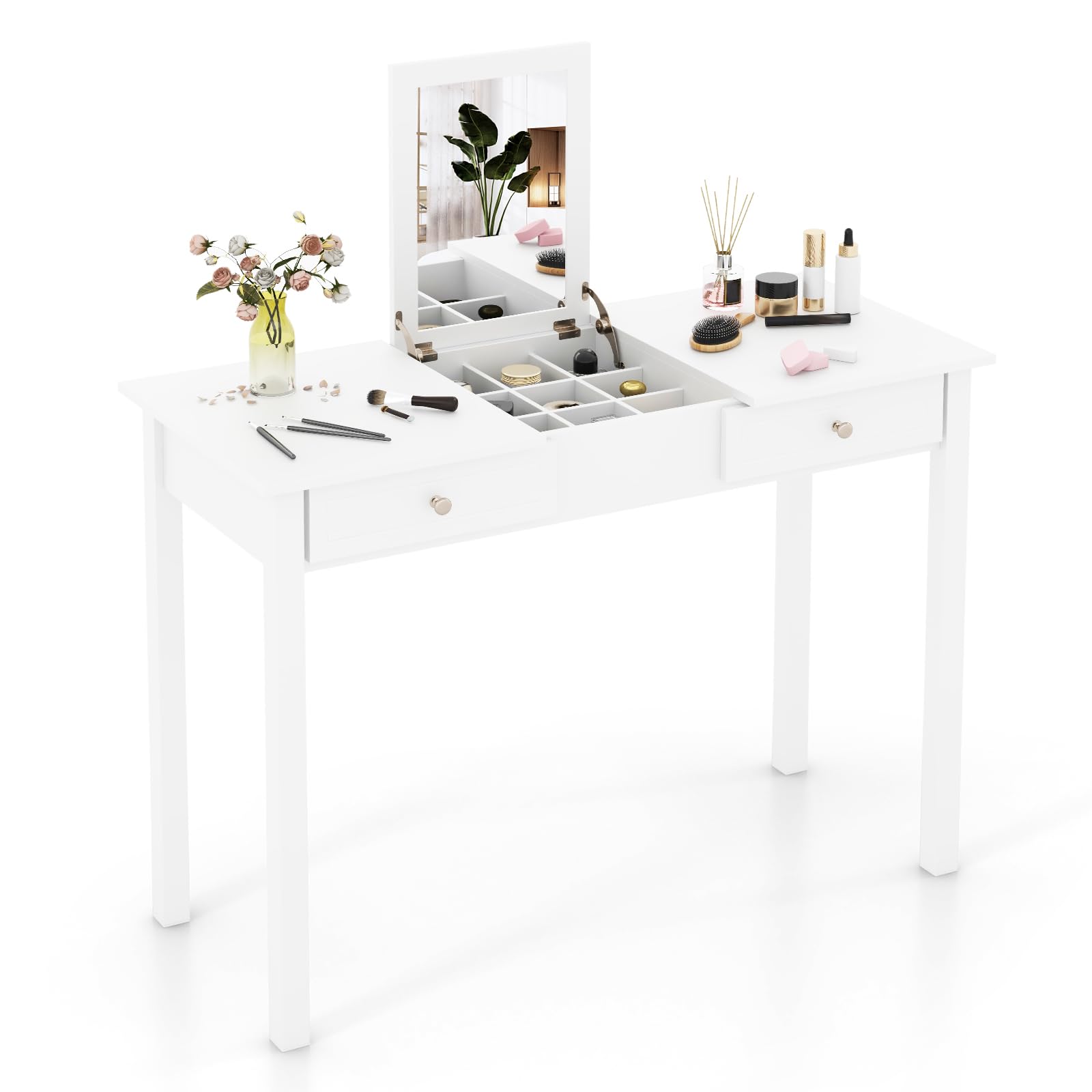 CHARMAID Makeup Vanity Desk - 44 inch White Vanity Desk with Flip Top Mirror