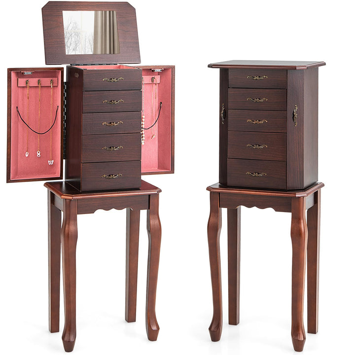 CHARMAID Standing Jewelry Organizer Cabinet with 4 Drawers, Top Storage Tray with Ring Slots, 2 Side Doors