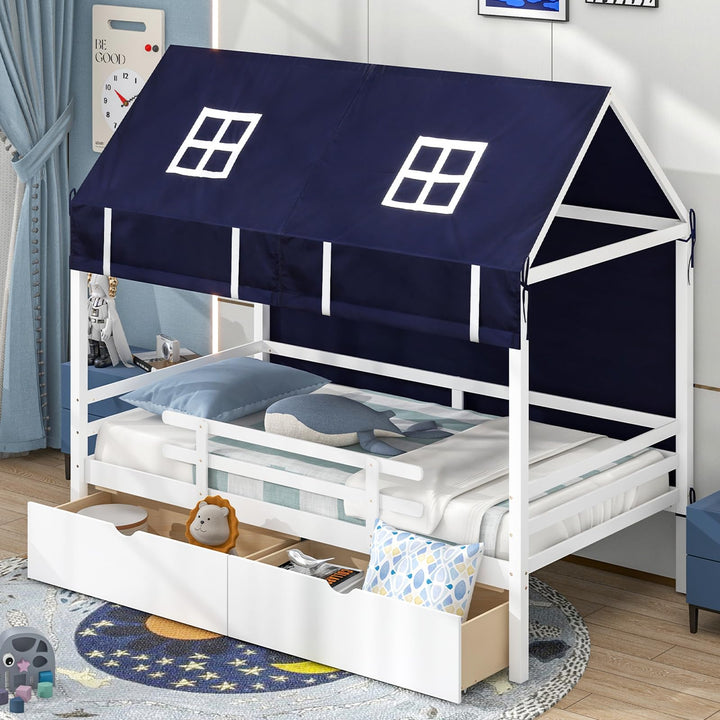 Giantex Twin House Bed with Tent, Wood Kids Bed with 2 Storage Drawers, Solid Wood Daybed Frame with Rails and Roof