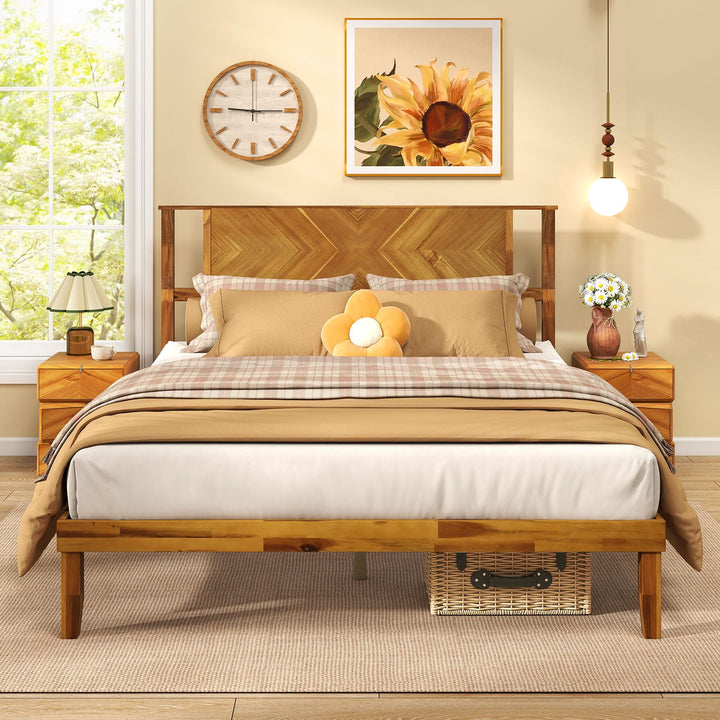 Giantex Acacia Wood Platform Bed Frame Mid-Century Modern Bed Frame with Headboard
