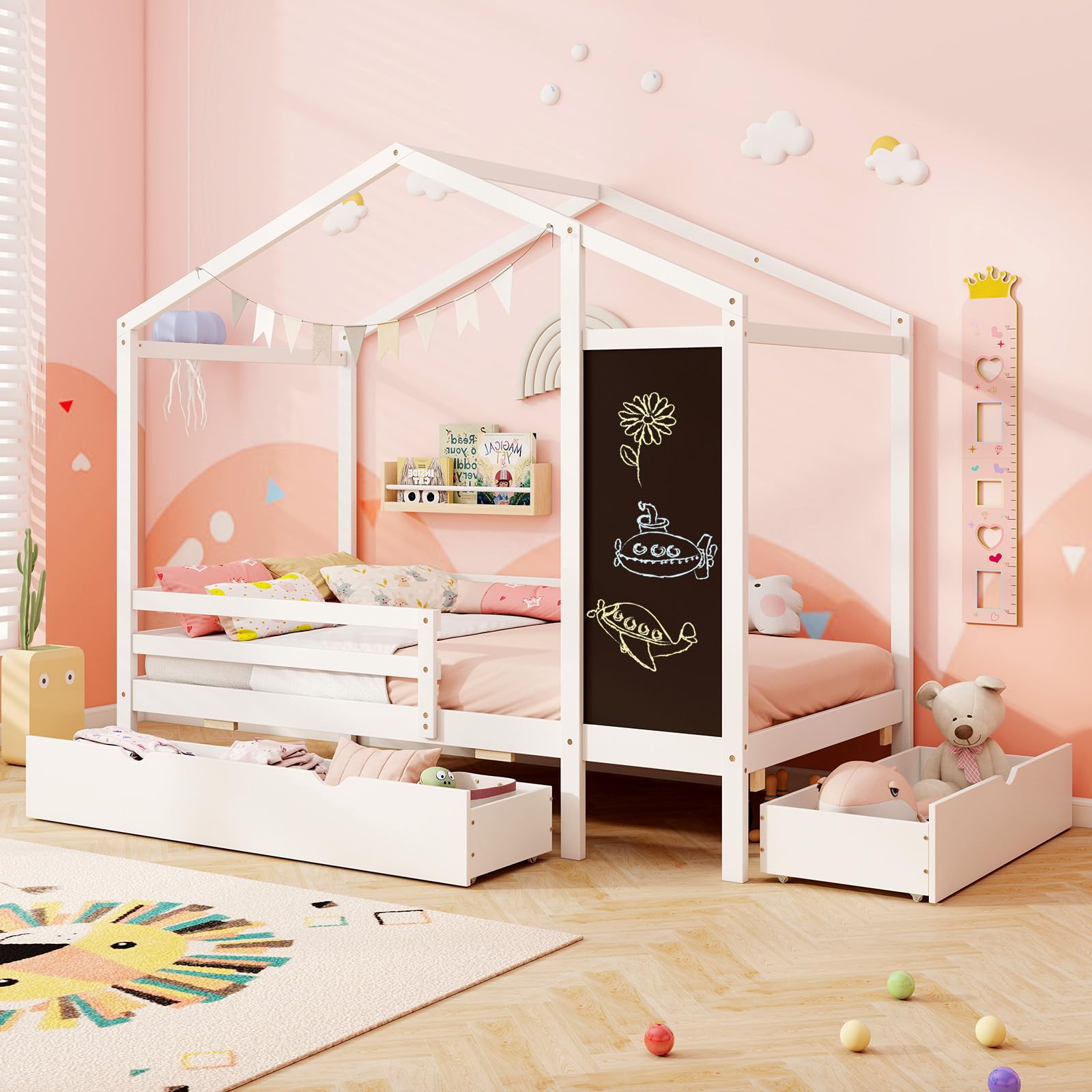 Giantex Twin Bed with 2 Storage Drawers, Solid Wood House Bed with Blackboard & Safety Guardrails