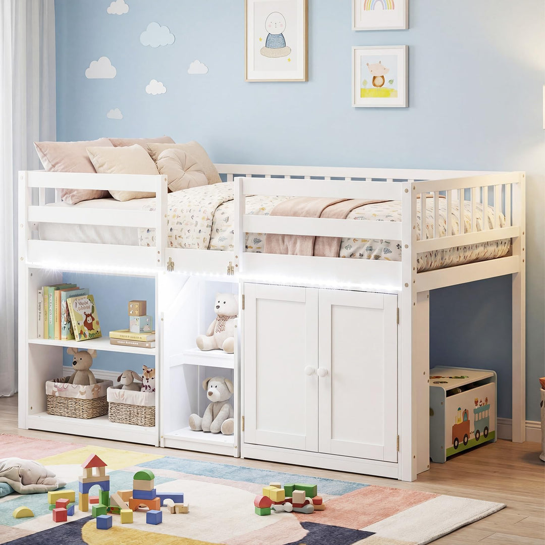 Giantex Low Loft Bed Twin Size with LED Lights, Wooden Bed Frame