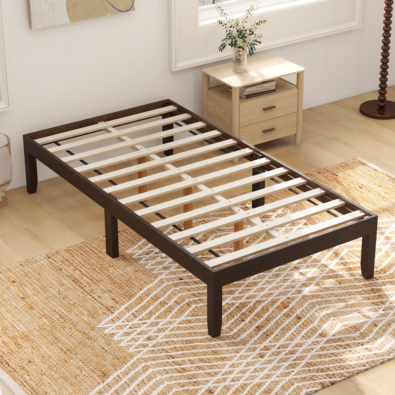 Giantex 14 Inch Twin Wood Platform Bed Frame, Minimalist Twin Bed Frame with Wooden Slats Support & Rubber Wood Legs