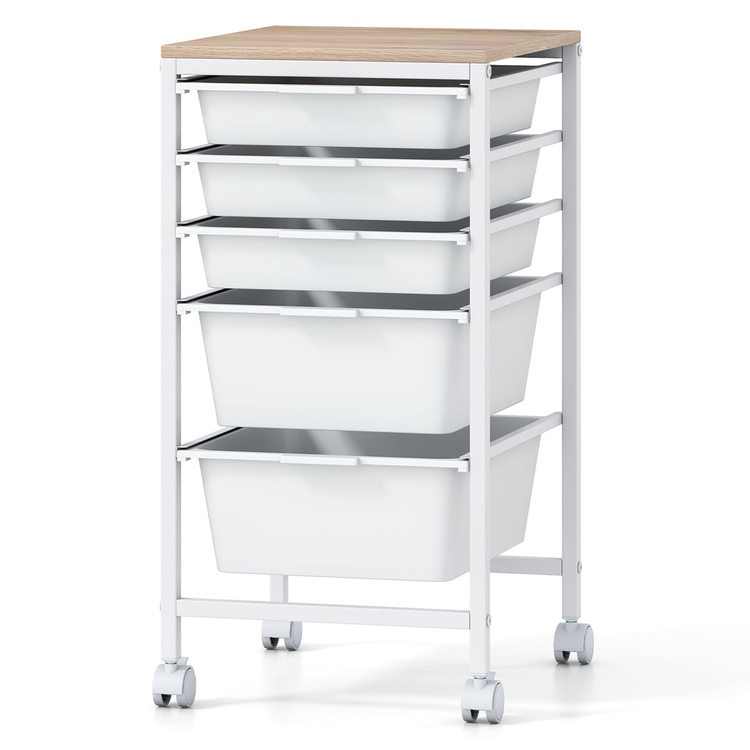 Giantex 5-Drawer Rolling Storage Cart Mobile Utility Organizer with Wooden Tabletop and Lockable Wheels
