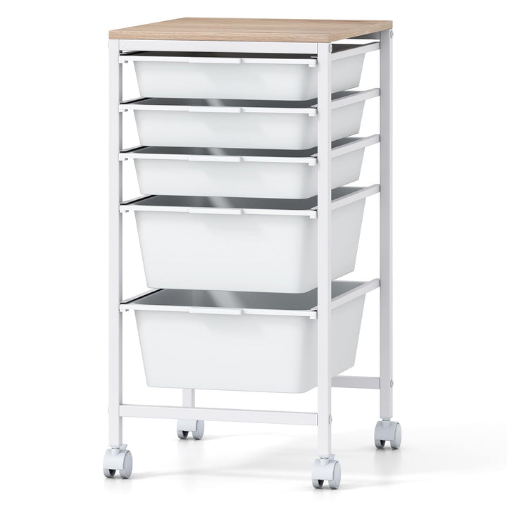 Giantex 5-Drawer Rolling Storage Cart Mobile Utility Organizer with Wooden Tabletop and Lockable Wheels