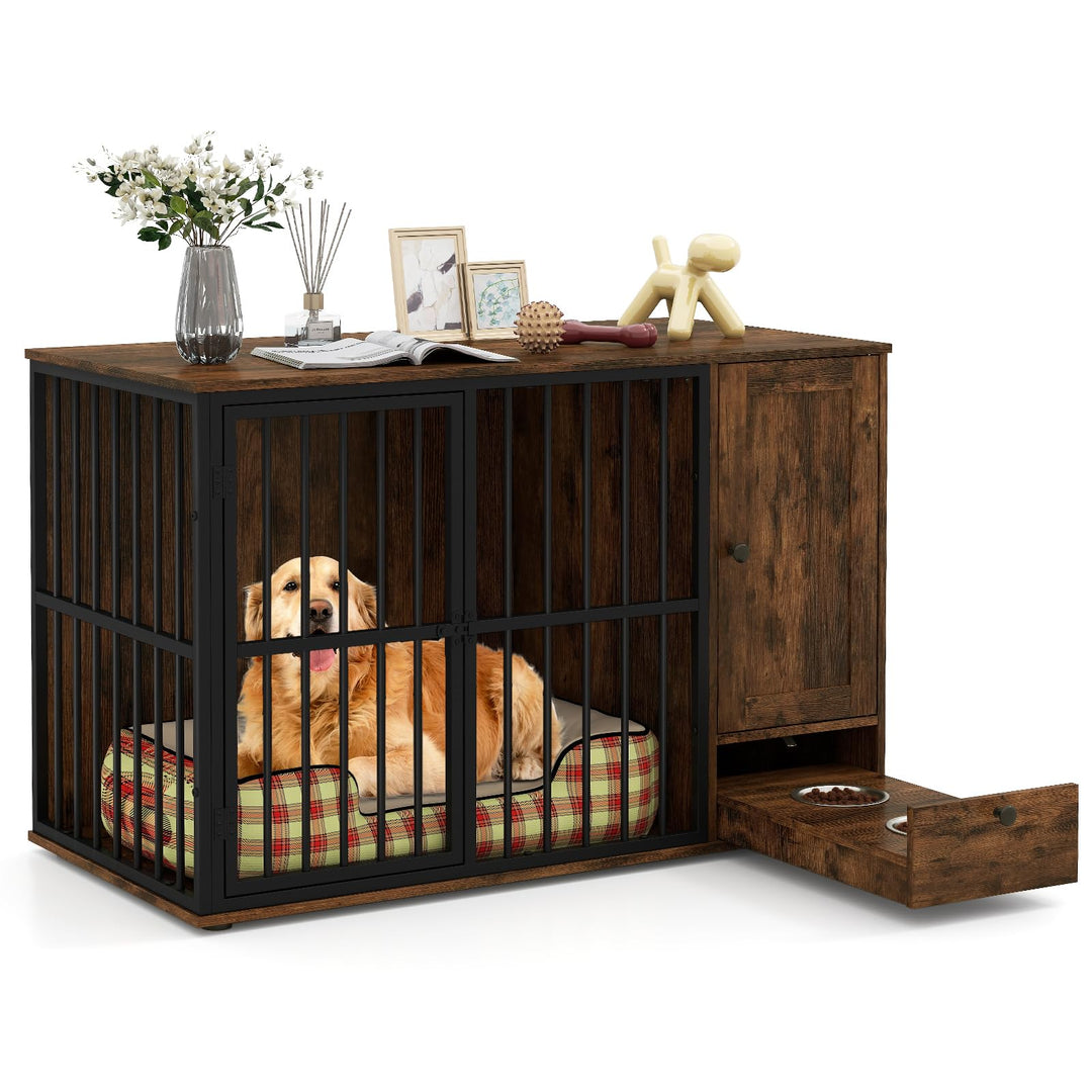 Giantex 47.5" Dog Crate Furniture with Hidden Feeding Drawer & Side Storage Cabinet