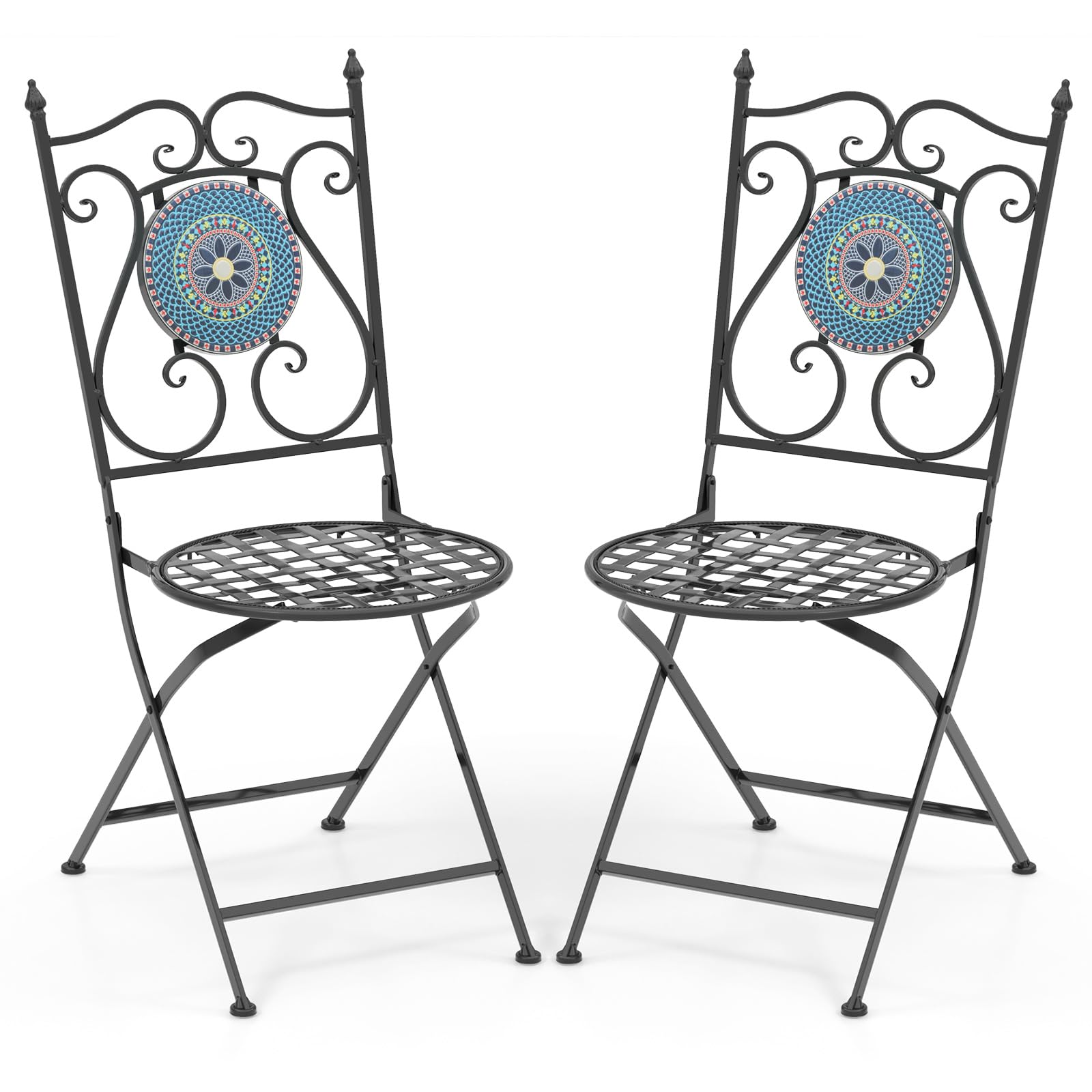 Giantex Patio Folding Chairs, Mosaic Bistro Chairs w/Backrest & Round Seat for Porch Balcony Lawn