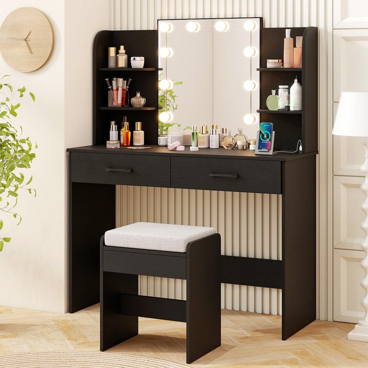CHARMAID Vanity Desk with Mirror and Lights, Black Makeup Vanity Table with Large Drawers, Storage Shelve