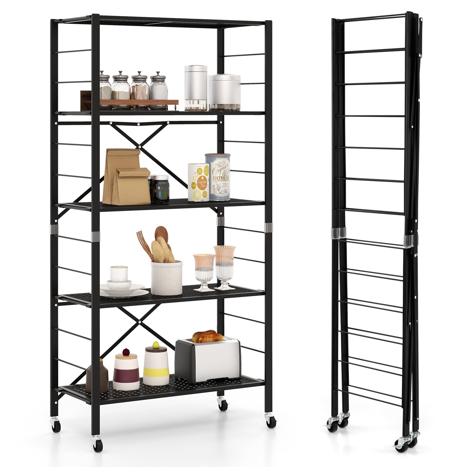 Giantex 5-Tier Folding Bookshelf with Wheels Black, 60" Tall Foldable Metal Shelves for Storage