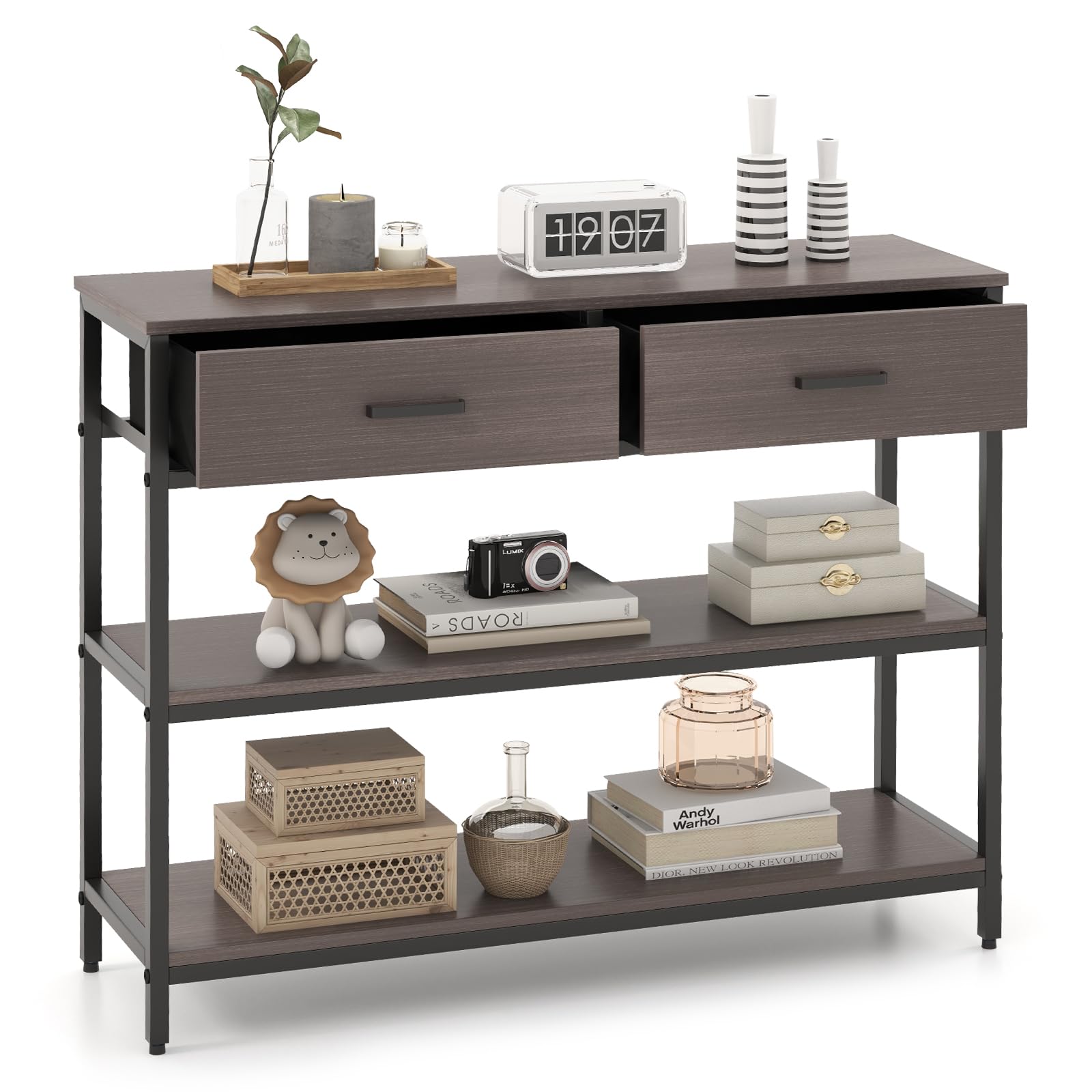 Giantex 3-Tier Entryway Table with Storage, Sofa Table w/ 2 Large Drawers, 2 Open Storage Shelves