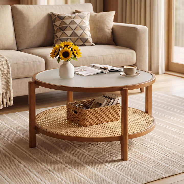 Giantex 35" Rattan Farmhouse Glass Center Table with Storage