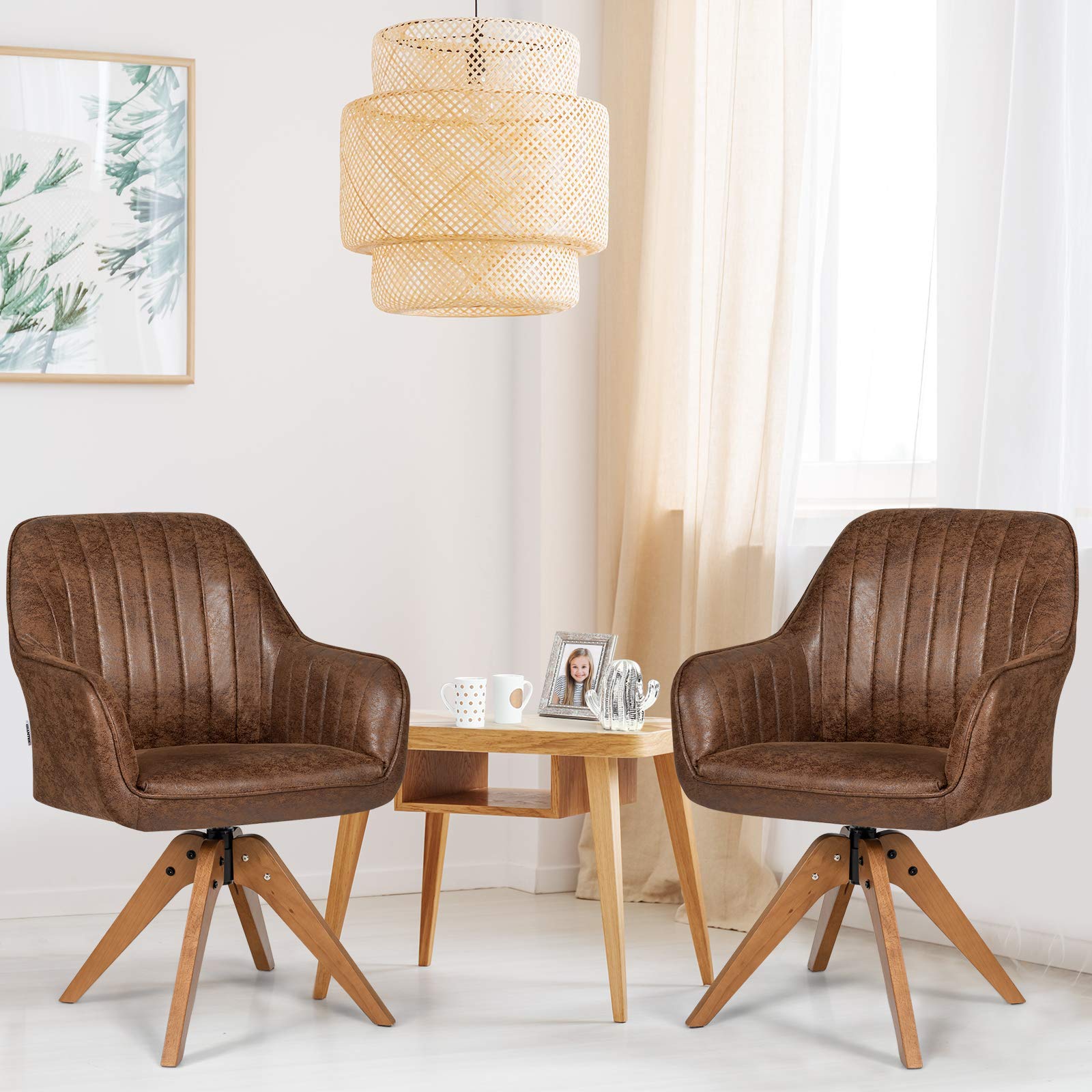 Modern Dining Armchair, No Wheels but Swivel, Solid Wood Legs, Thick Felt Foot Pads
