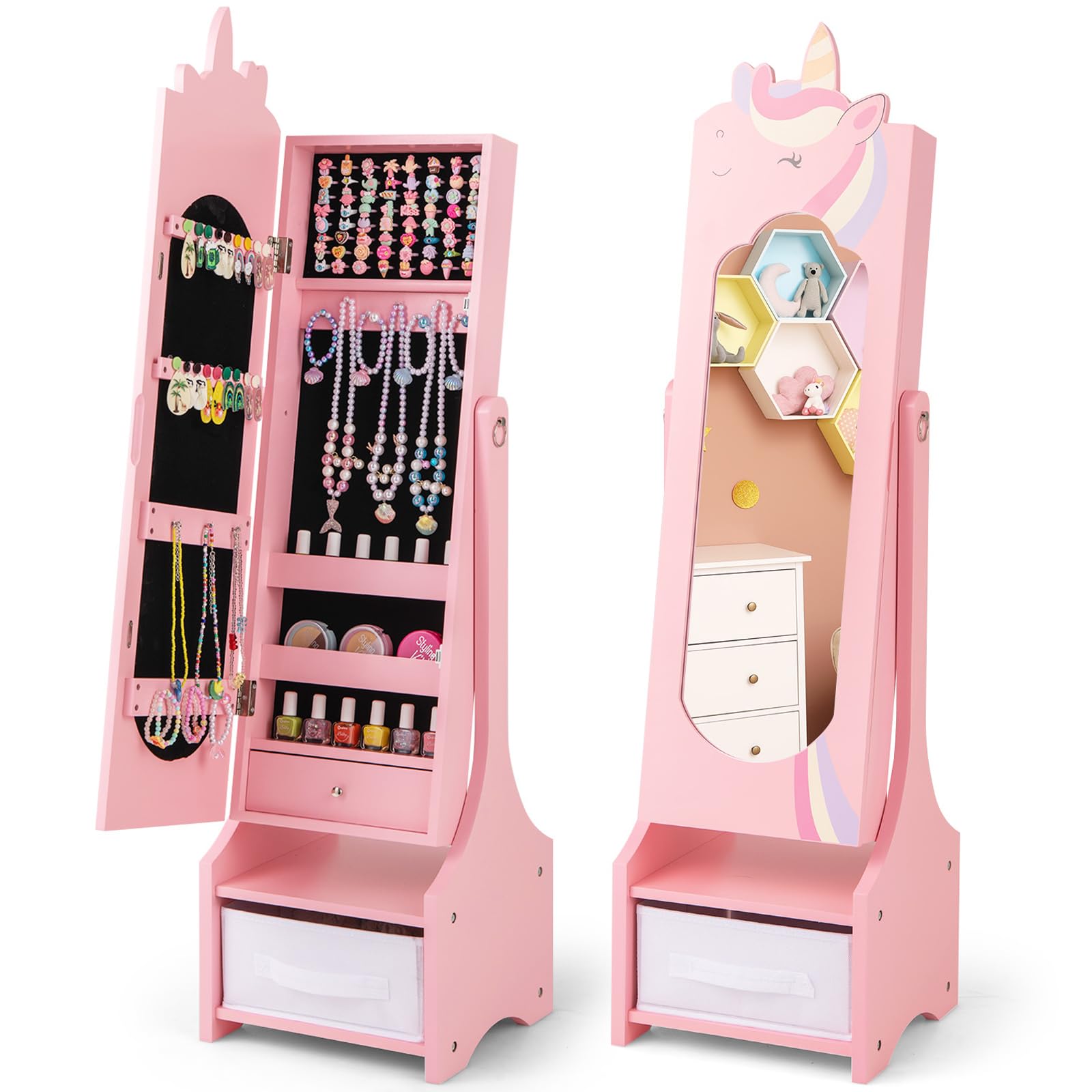 CHARMAID Kids Mirror Jewelry Cabinet - 45.5'' Full Length Mirror with Jewelry Storage
