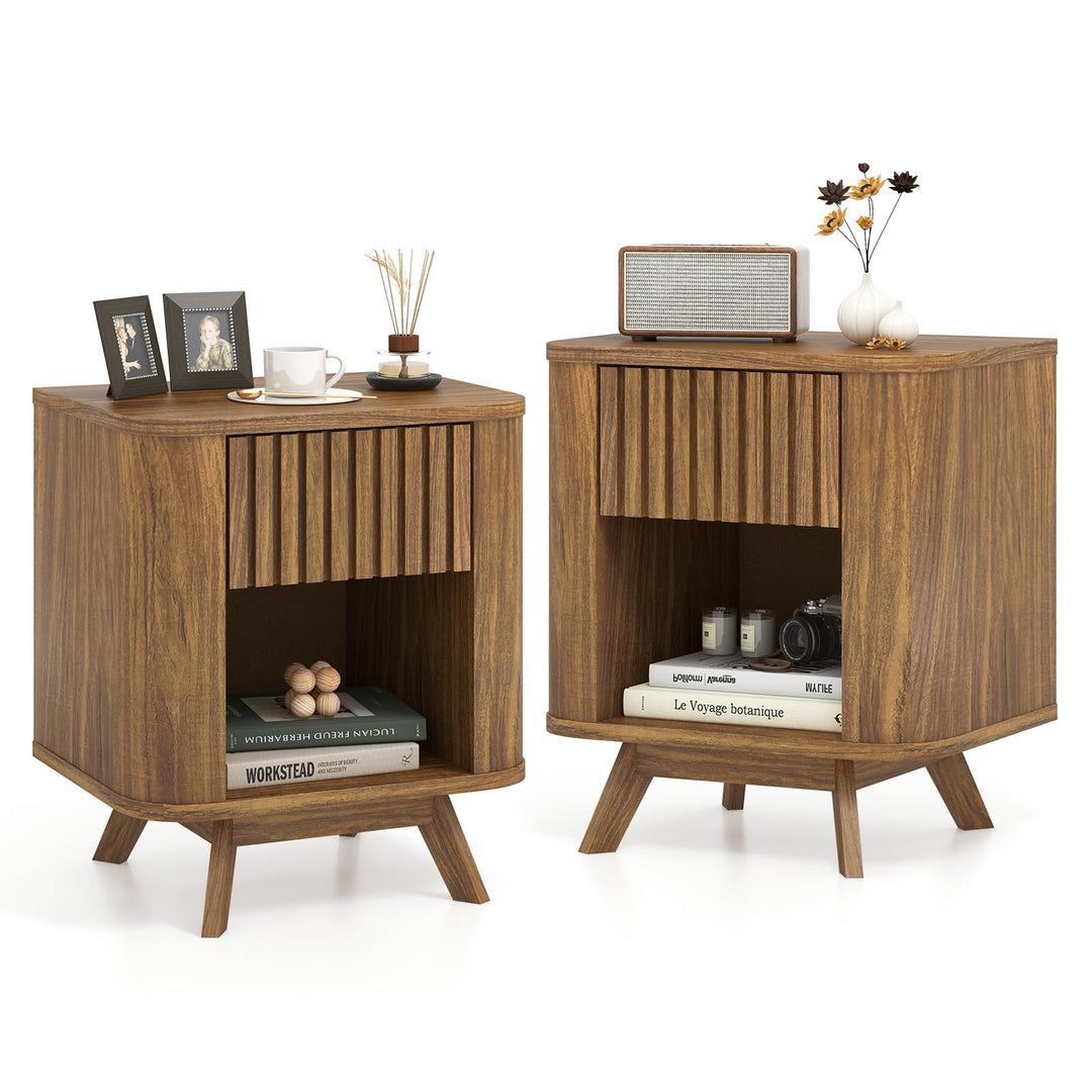 Giantex Mid Century Modern Nightstand Set of 1/2 Fluted Bedside Table