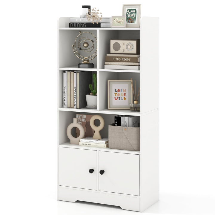 Giantex 4-Tier Bookcase with Doors, Small Bookshelf with 5 Cubbies and 2 Cabinets, White Freestanding Bookshelf