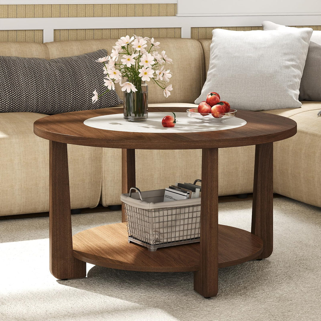 Giantex 2-Tier Round Farmhouse Living Room Coffee Table with 2-Tone Tabletop