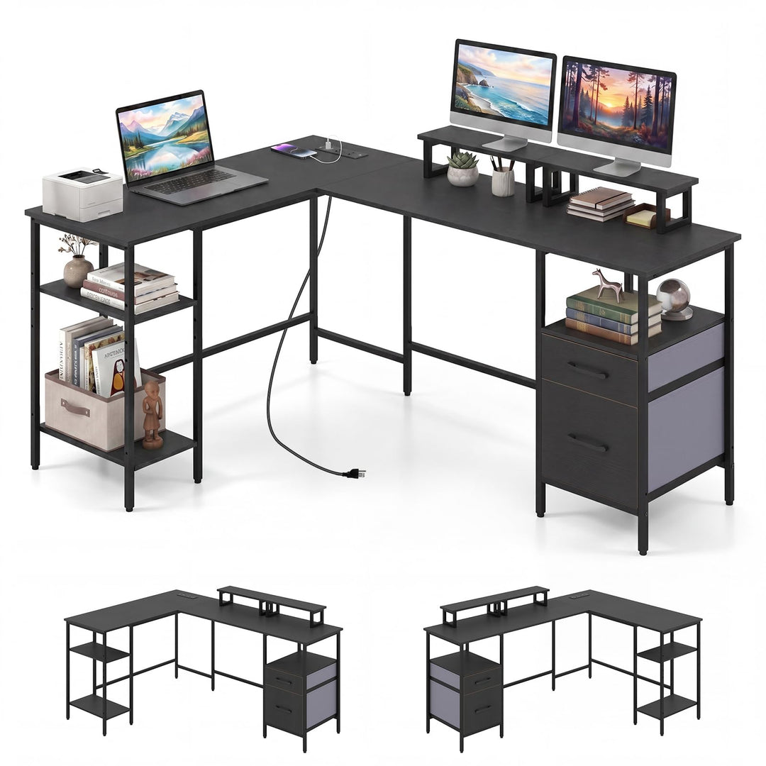 Giantex 63" Reversible L Shaped Desk with Charging Station