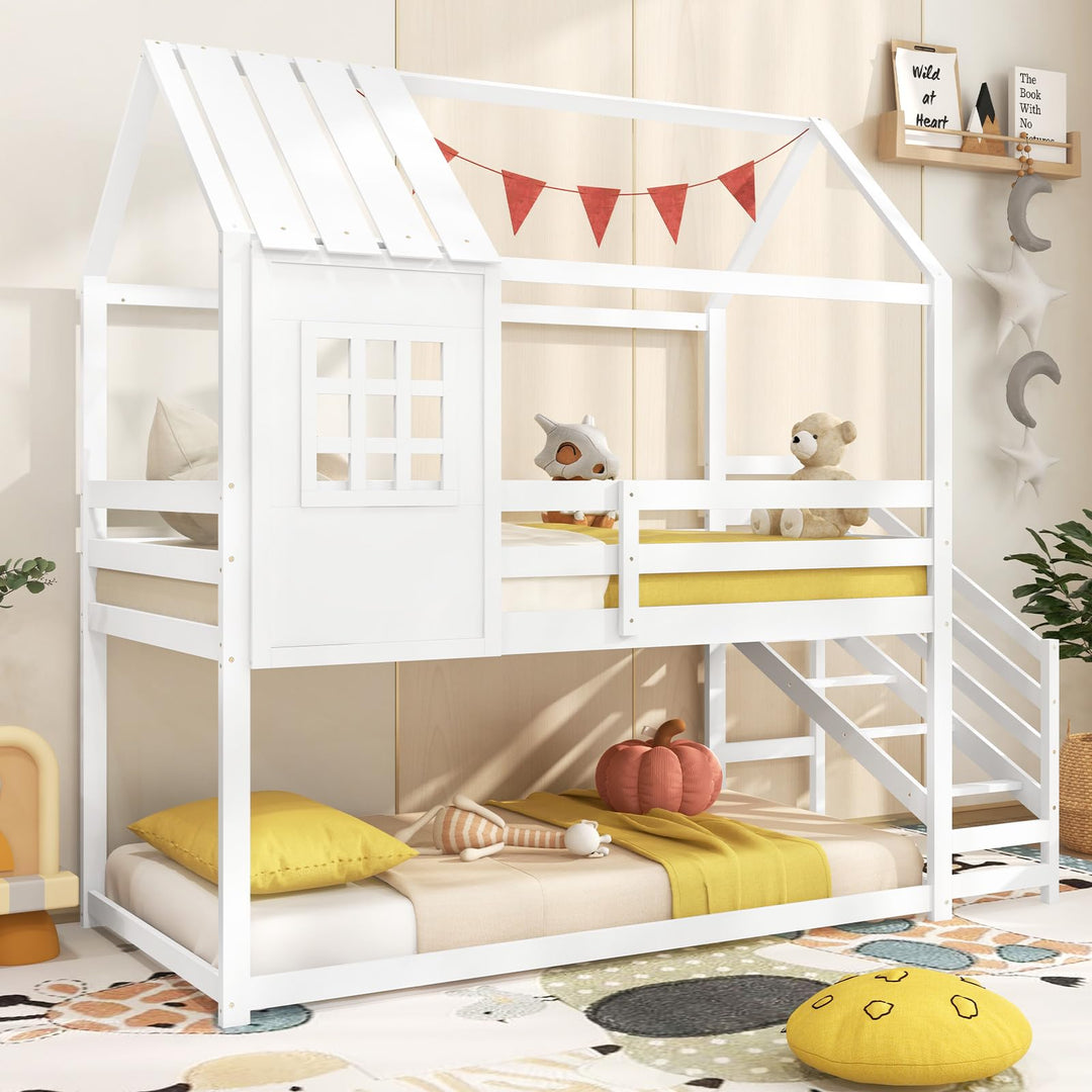 Giantex Twin Bunk Beds with Stairs, Floor House Bed with Roof & Window