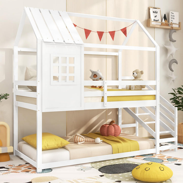 Giantex Twin Bunk Beds with Stairs, Floor House Bed with Roof & Window
