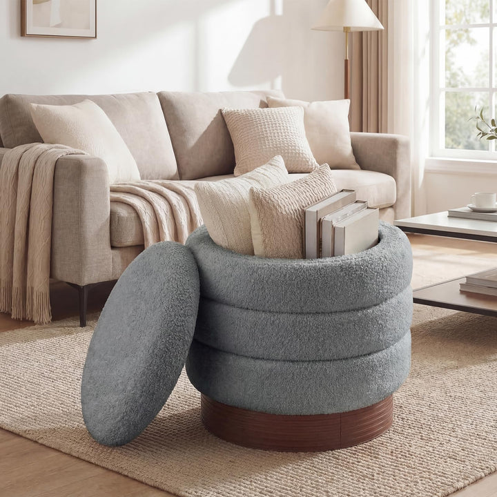 Giantex Round Ottoman with Storage 360° Swivel Boucle Vanity Stool