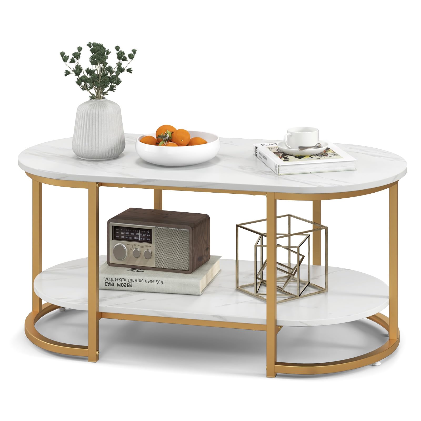 Giantex White Marble Coffee Table - Modern 2-Tier Center Table w/Open Storage Shelf