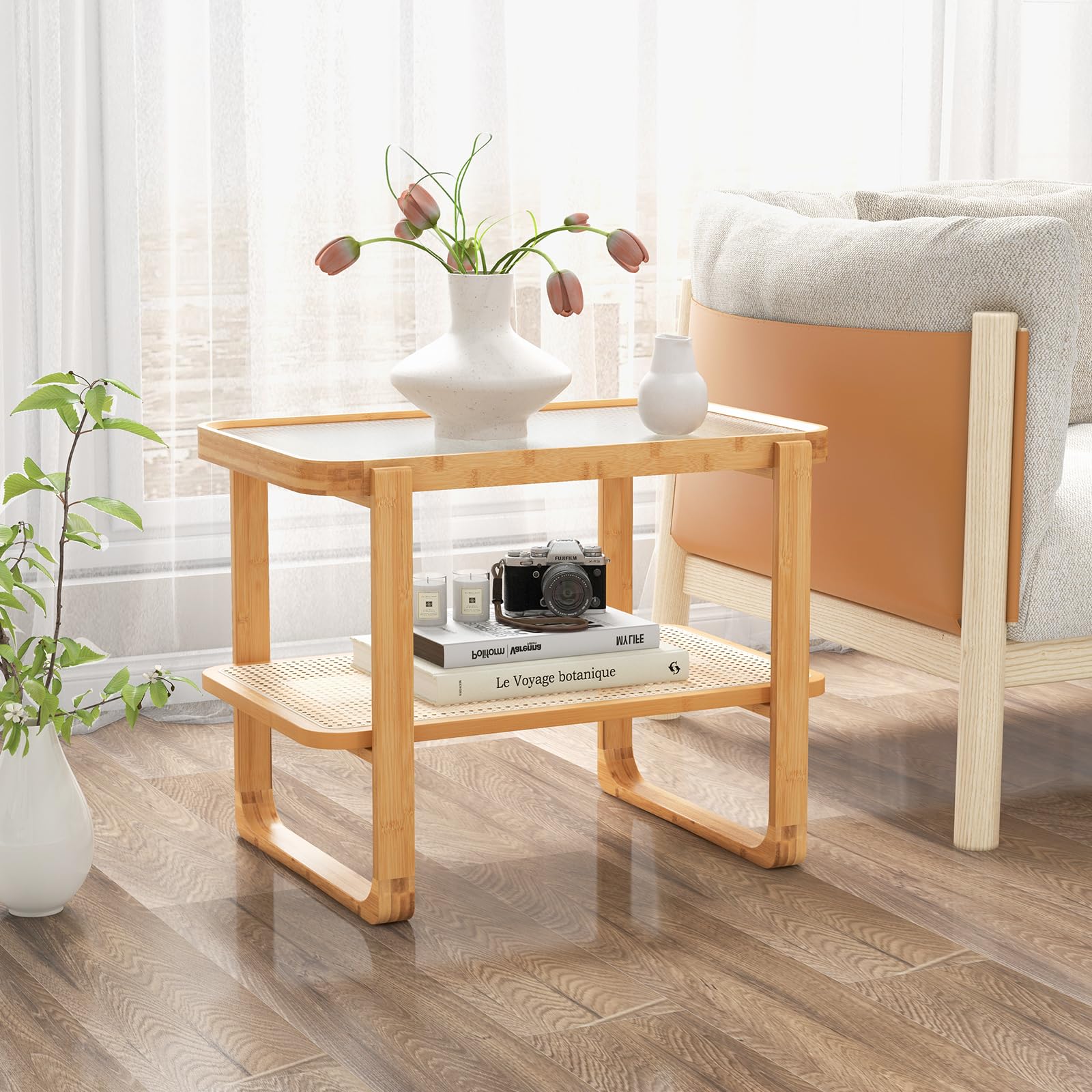 Giantex Rattan Side Table, Boho End Table with Glass Top and 2-Tier Storage Shelves