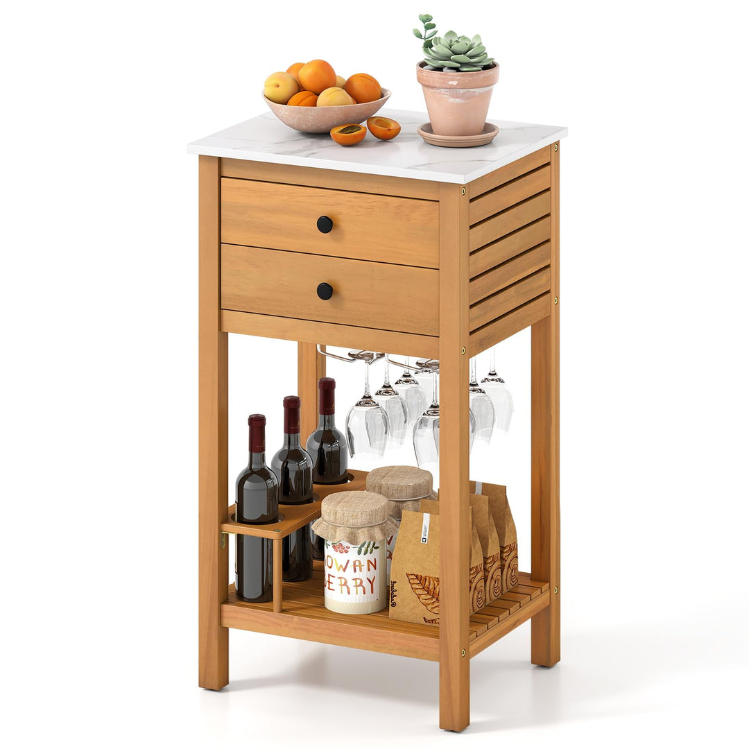 Giantex Acacia Wood Outdoor Side Table with Faux Marble Countertop, 2 Drawers