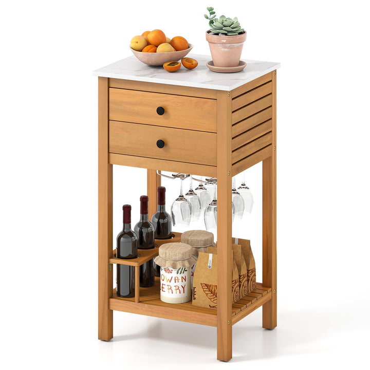Giantex Acacia Wood Outdoor Side Table with Faux Marble Countertop, 2 Drawers