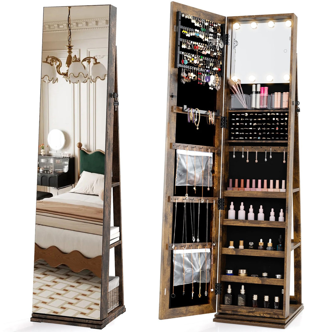 CHARMAID Swivel Jewelry Armoire with Full-Length Mirror & Lighted Makeup Mirror