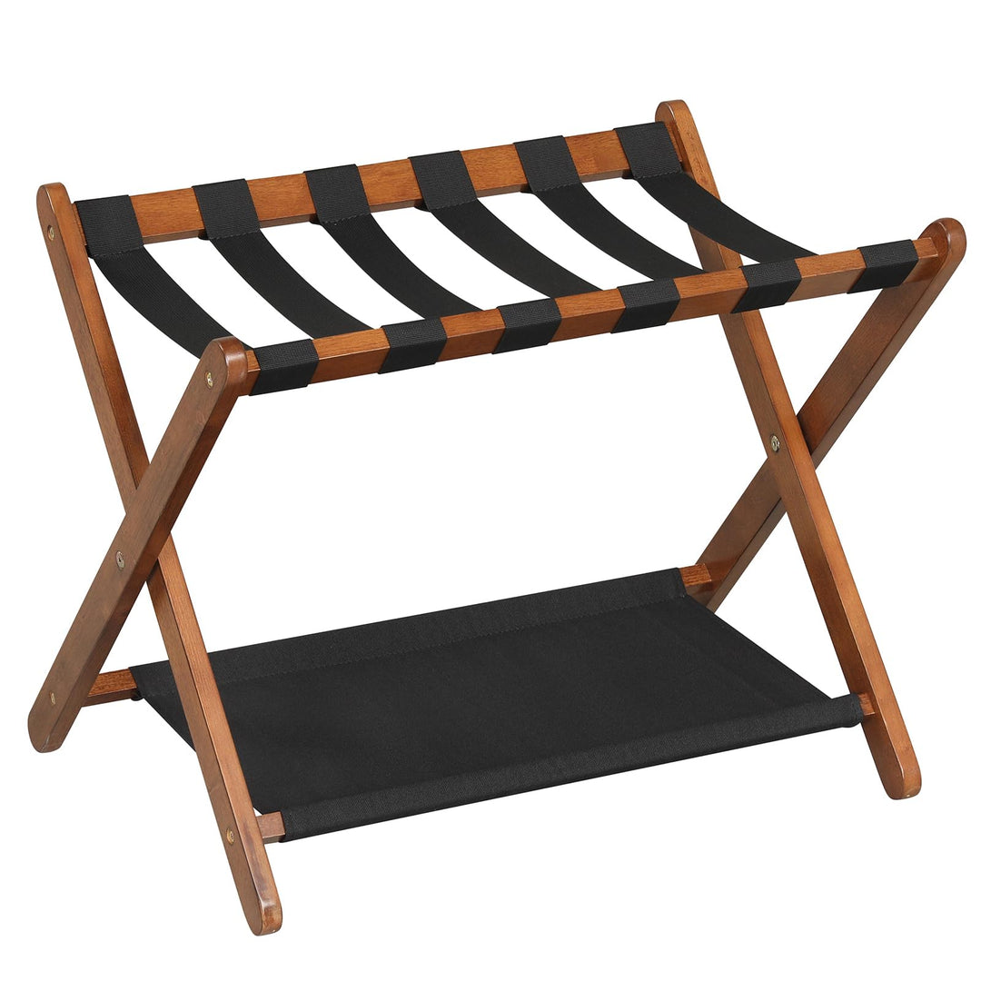 Giantex Folding Luggage Rack | Solid Rubber Wood Suitcase Stand with Storage Shelves