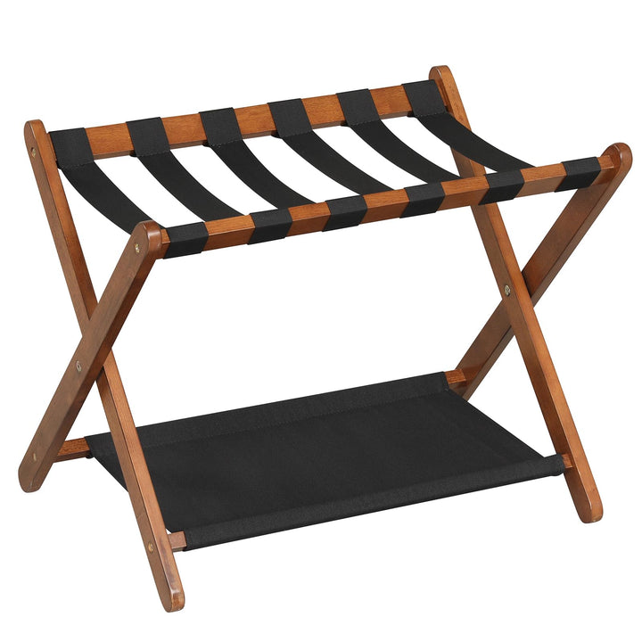 Giantex Folding Luggage Rack | Solid Rubber Wood Suitcase Stand with Storage Shelves