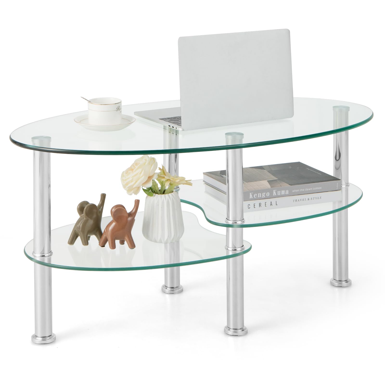 Giantex Oval Glass Coffee Table - 3-Tier Transparent Tempered Glass Center Table with Metal Stand, 35"× 20" ×18"