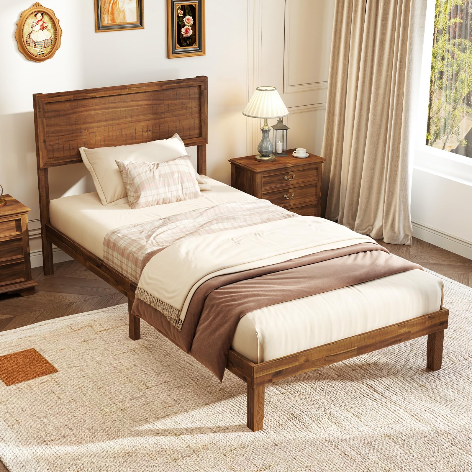 Giantex Wood Bed Frames with Headboard, Mid Century Modern Platform Bed