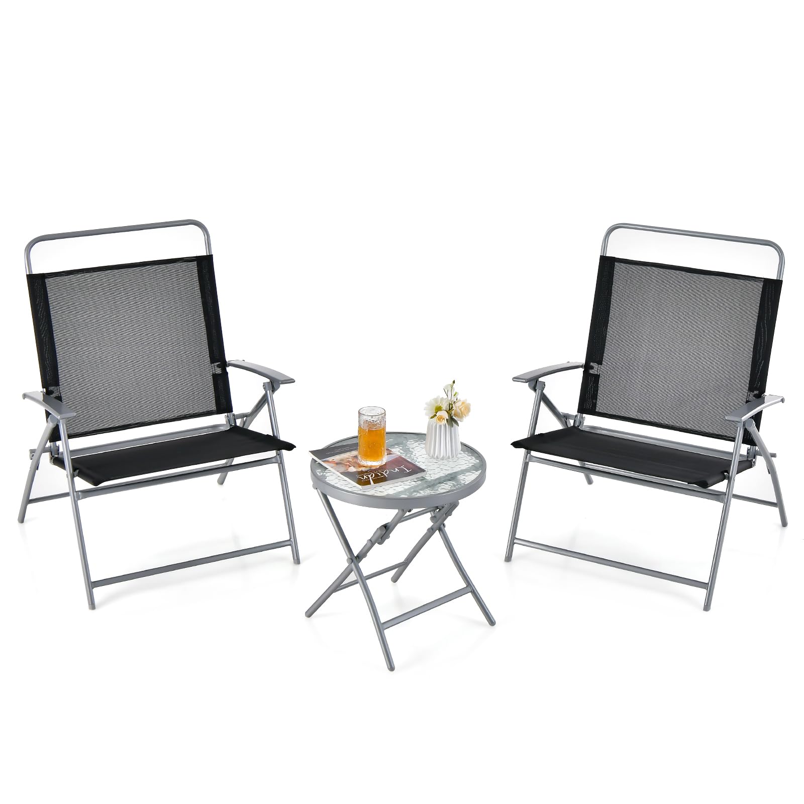 Giantex 3PCS Patio Bistro Set, Folding Outdoor Patio Table Set with 2 Foldable Chairs, 1 Ripple-Like Glass Table