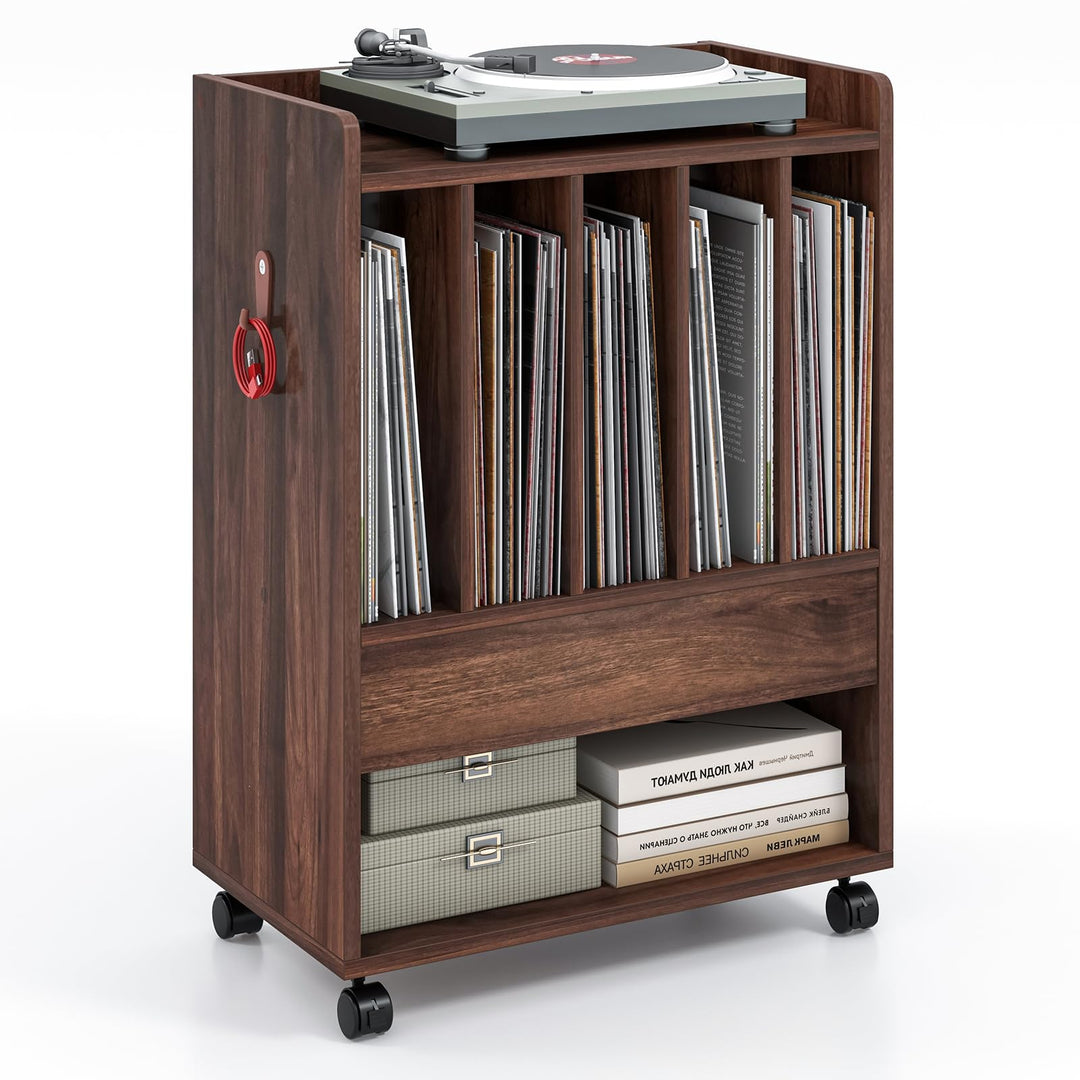 Giantex Record Player Stand, Rolling Turntable Stand with Drawer, Hook & Lockable Wheels
