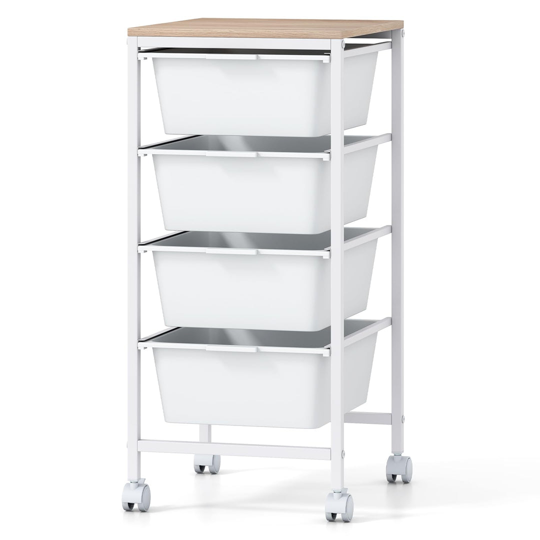 Giantex 4-Drawer Rolling Storage Cart Mobile Utility Organizer with Wooden Tabletop and Lockable Wheels