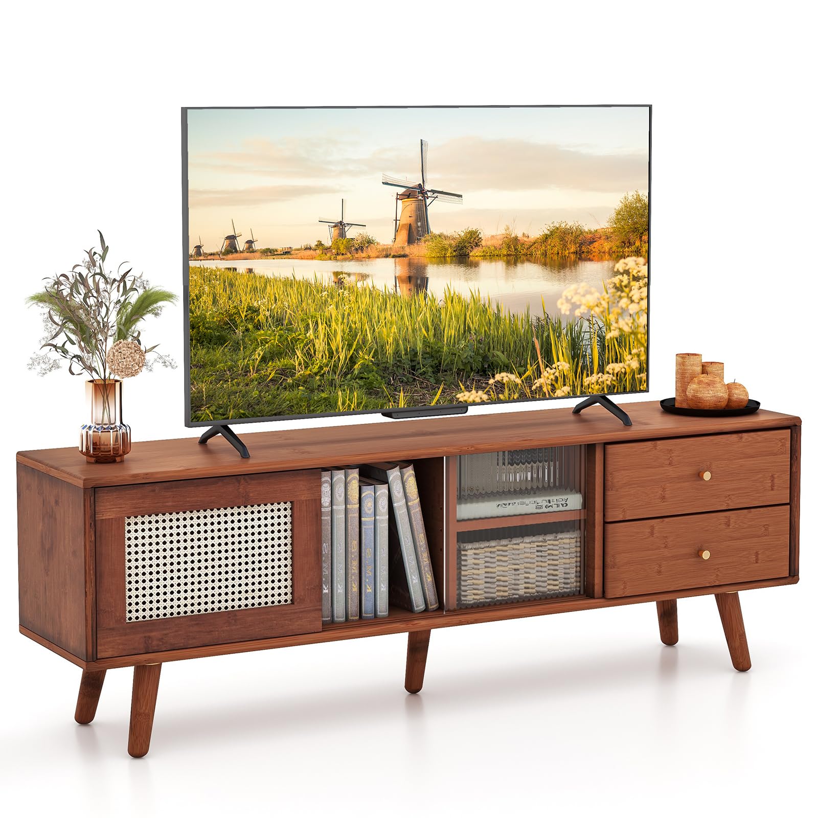 Giantex Bamboo TV Stand for 55 60 65 Inch TV, PE Rattan
