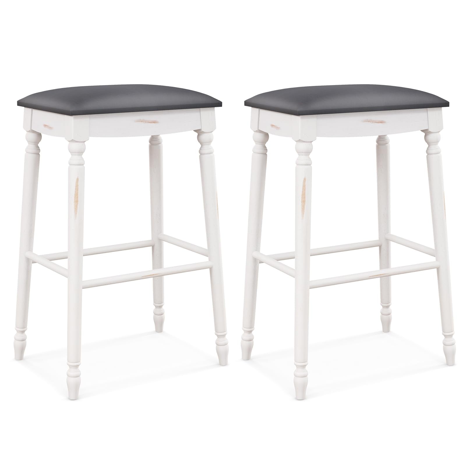 Giantex Bar Stools, 29"/24" Bar Height Saddle Stools w/Padded Seat, Rubber Wood Legs, Footrests & Antiqued Surface