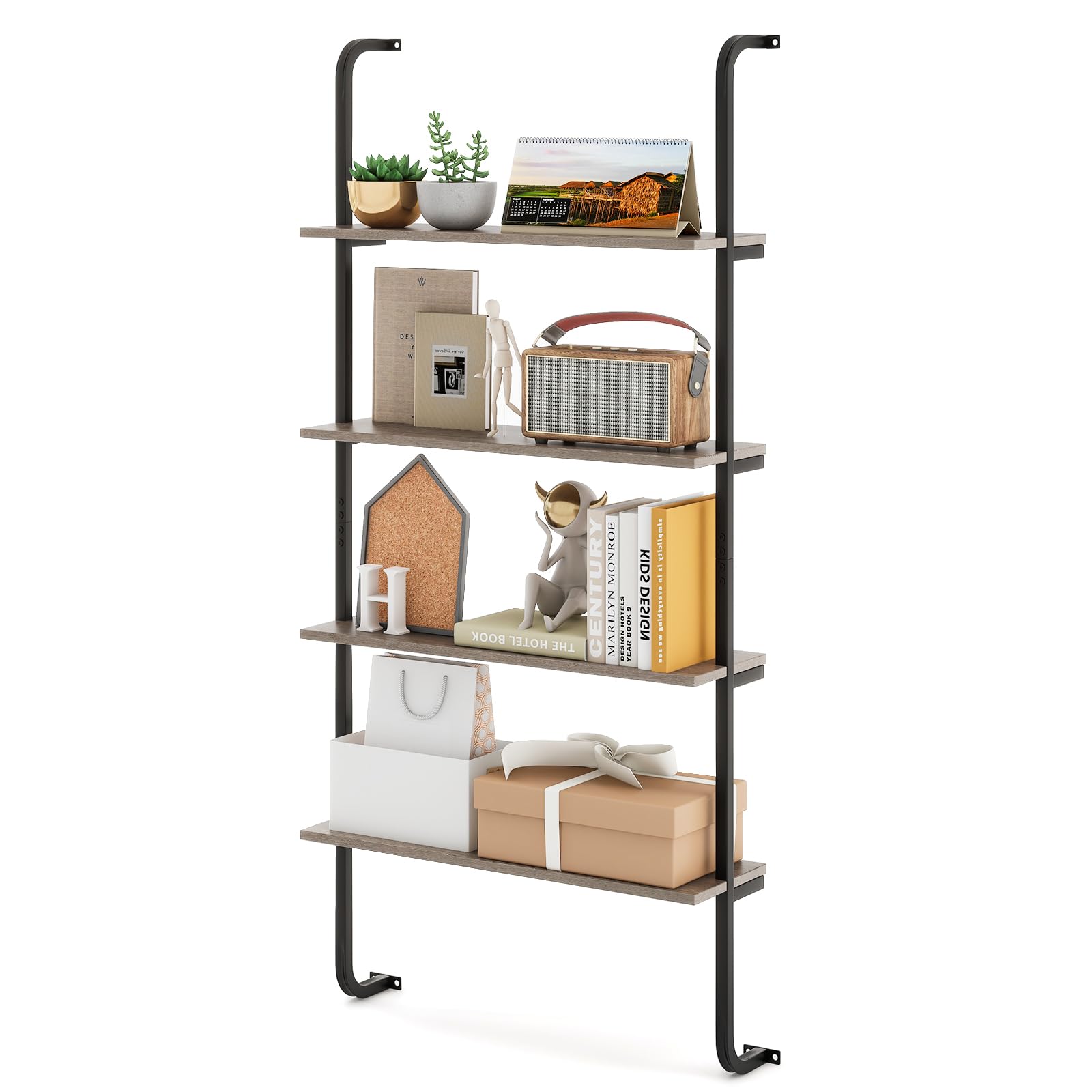 Giantex 4-Tier Industrial Bookshelf, Wall Mounted Pipe Shelving Unit, Floating Shelves with Metal Frame