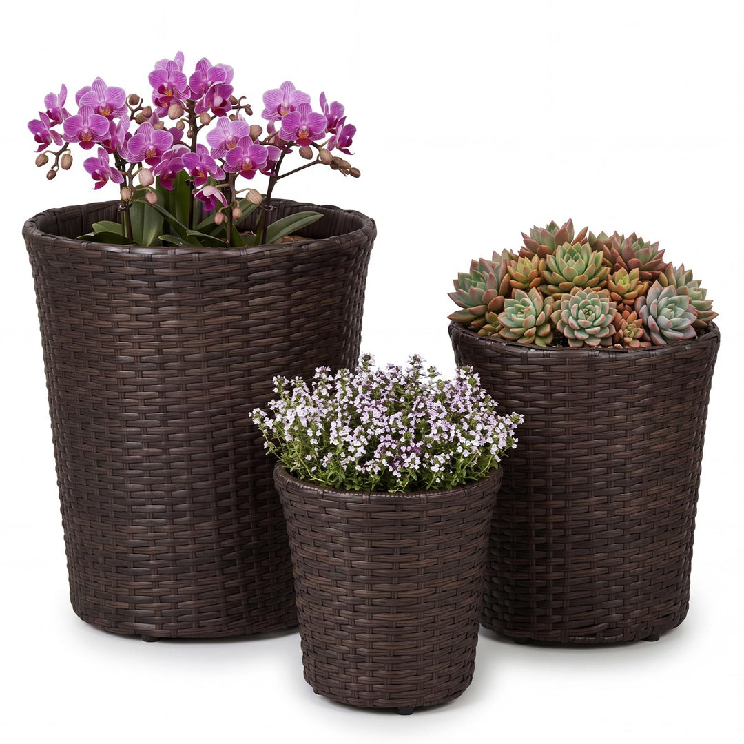 Giantex Set of 3 Plastic Planters | 14 &amp; 11 &amp; 9 Inch Taper Rattan Planters with Drainage Holes and Saucers